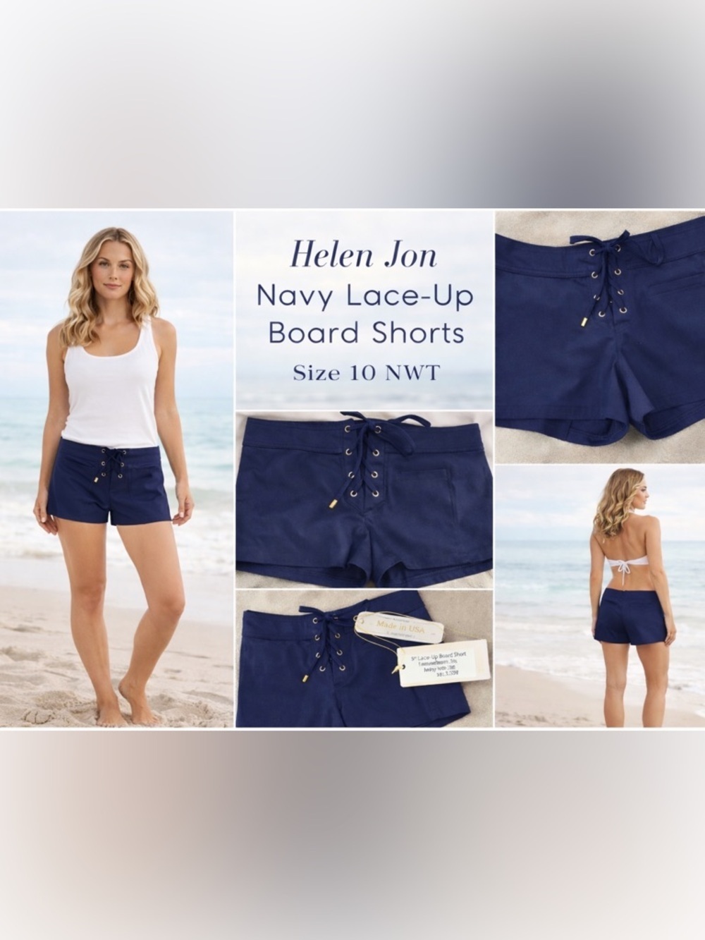 Helen Jon Navy Lace-Up Board Shorts Size 10 NWT Coastal Swim Short